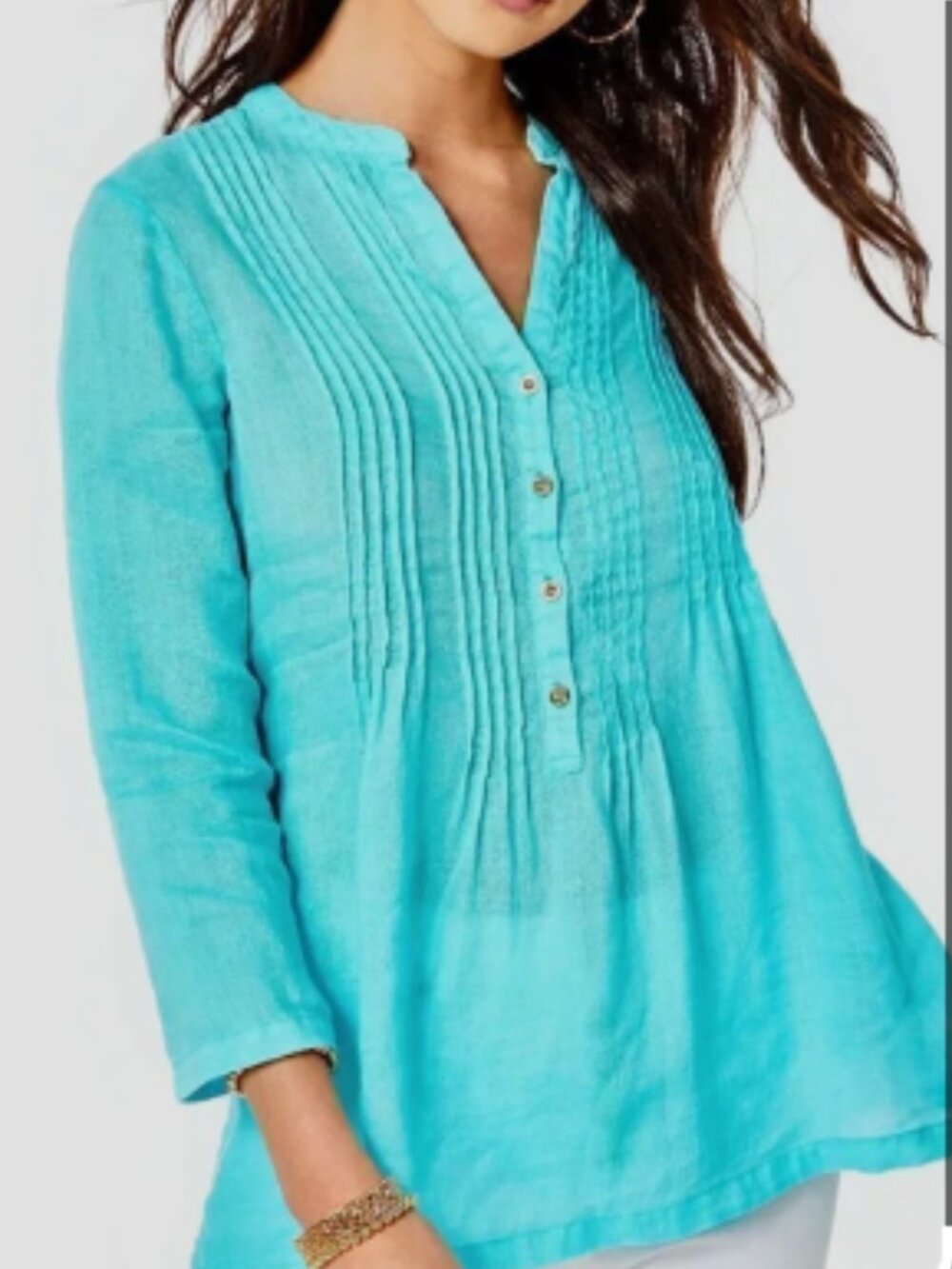 Lilly Pulitzer Sarasota 100% Linen Tunic Top Size M Teal 3/4 Sleeve Relaxed Fit